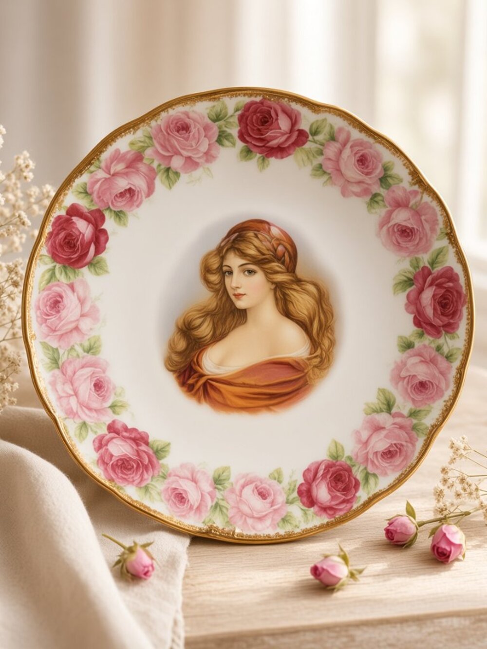 Schumann Arzberg Bavaria Portrait Rose Plate 12" Gold Trim